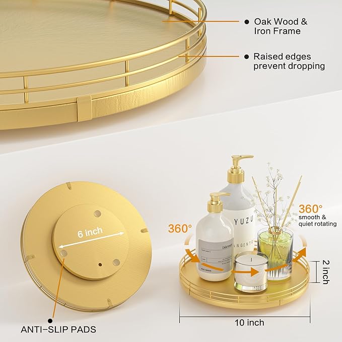 10" Gold Lazy Susan for Table Top, Oak Wood Lazy Susan Turntable Organizer for Dining Coffee Table Centerpiece Bar Decor Kitc