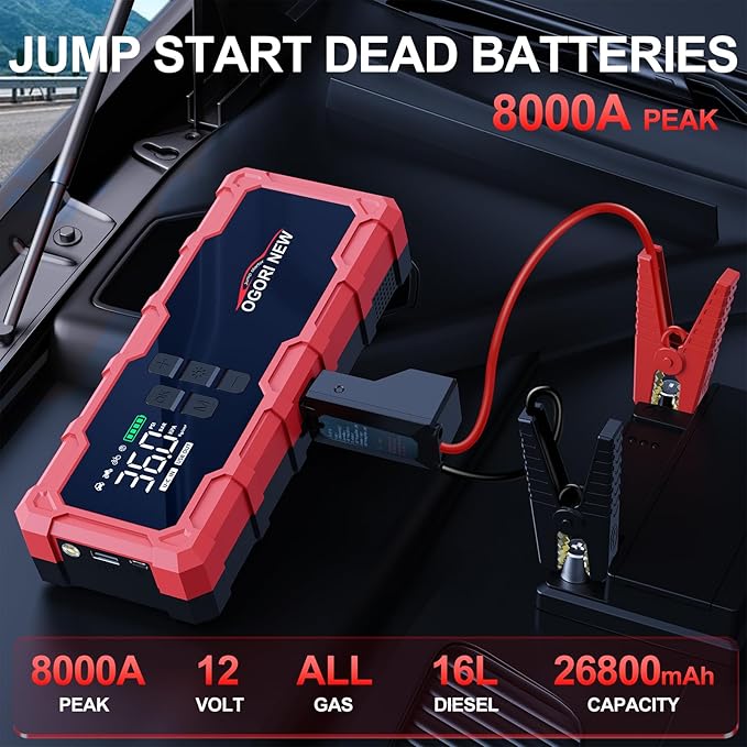 8000A Jump Starter with Air Compressor, 26800mAh 150PSI Portable Car Battery Jump Starter (All Gas/16L Diesel), 12V