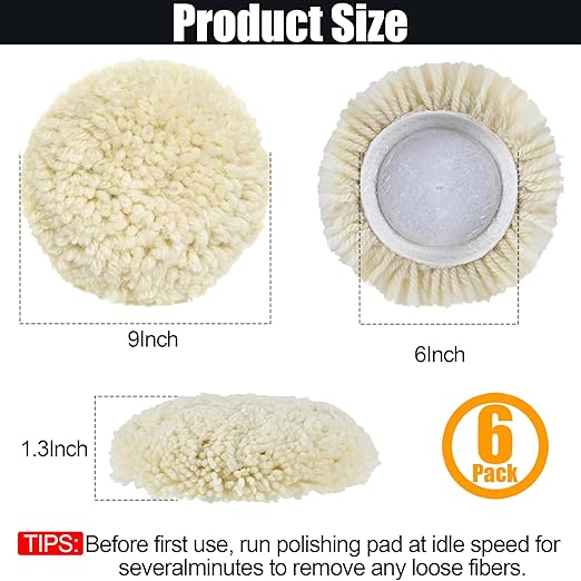 6 PCS Wool Buffing Polishing Pads - 6 Inch Natural Wool Cutting Pads With Hook and Loop Backing, Compound & Polishing for Automotive Car Boats Glass Furniture Body Repair