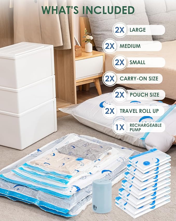 Vacuum Storage Bags with Electric Pump, 12 Pack Vacuum Sealed Bag with 1500mAh Rechargeable Battery for Clothes, Blanket, Duv