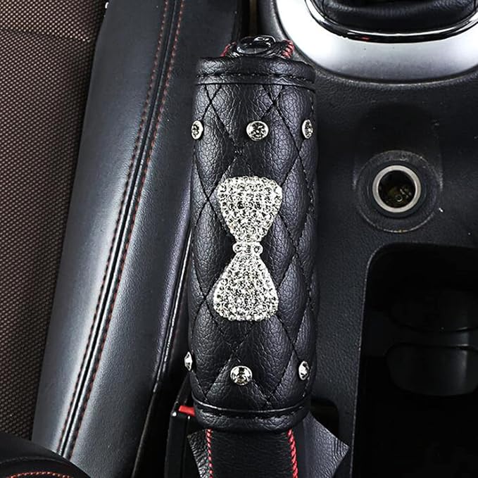 HYL World 1PCS Leather Bow Handbrake Cover with Sparkling Bling Rhinestones Decor,Black