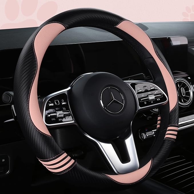HighnessHwoo Car Steering Wheel Covers for Women Padded Carbon Fiber PU Leather Cute Auto Interior Accessories for Vehicle, S