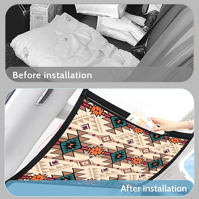 Aztec-Style Car Storage Mesh Organizer Ceiling Cargo Net Double-Layer Adjustable Zipper Truck SUVs Travel Road Trip Essentials etc. Interior Organizer