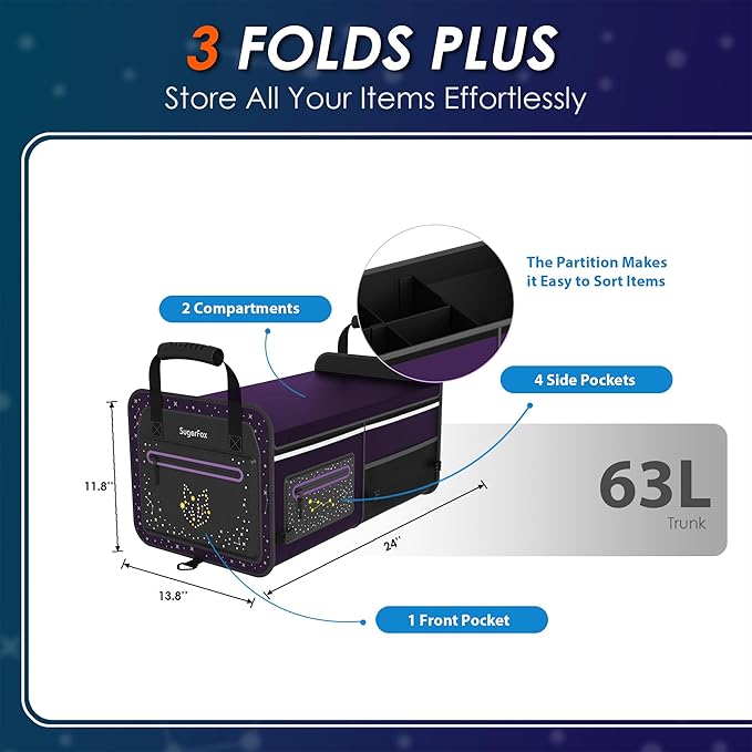 63L Car Trunk Organizer for SUVs & Small/Midsize Cars - Fluorescent Design, Waterproof, Collapsible with Adjustable Straps (Pu