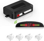 Cordless Parking Sensor, Reverse Radar System with 4 Car Backup Sensors, LED Distance Display with Sound Warning + 4 White Parking Sensors for Cars, Vans, RVs, and Trailers