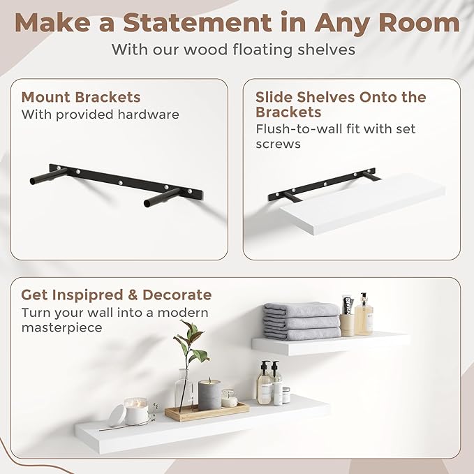 8 Inch Square Floating Shelves for Wall 3 Pack, 8"D Wood Grain Bathroom Shelves with Invisible Brackets, Easy Install Enginee