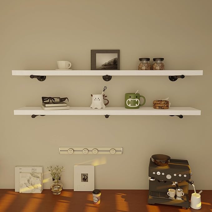 Industrial Pipe Wall Wood Shelves,Real Wooden Shelves 60" in White Color with 11.8" Extra Width, Modern Floating Shevles Book