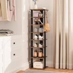 HOOBRO 8 Tiers Vertical Shoe Rack, Wooden Shoe Storage Organizer with Hooks, Narrow Shoe Tower for 8 Pairs, Space Saving, for
