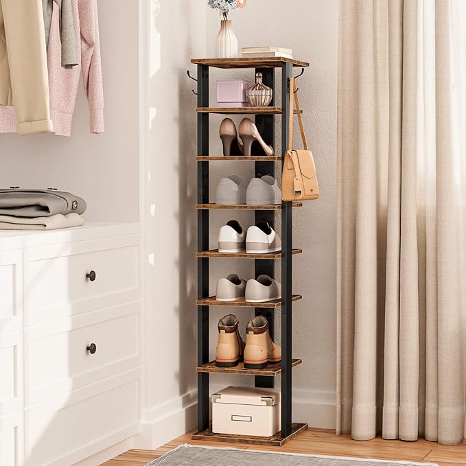 HOOBRO 8 Tiers Vertical Shoe Rack, Wooden Shoe Storage Organizer with Hooks, Narrow Shoe Tower for 8 Pairs, Space Saving, for