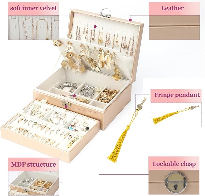 BOOVO Earring Jewelry Box For Women Girl Stud Organizer, 4 Layers Girl Jewelry Organizer Box With Lock Earring Holder Organiz