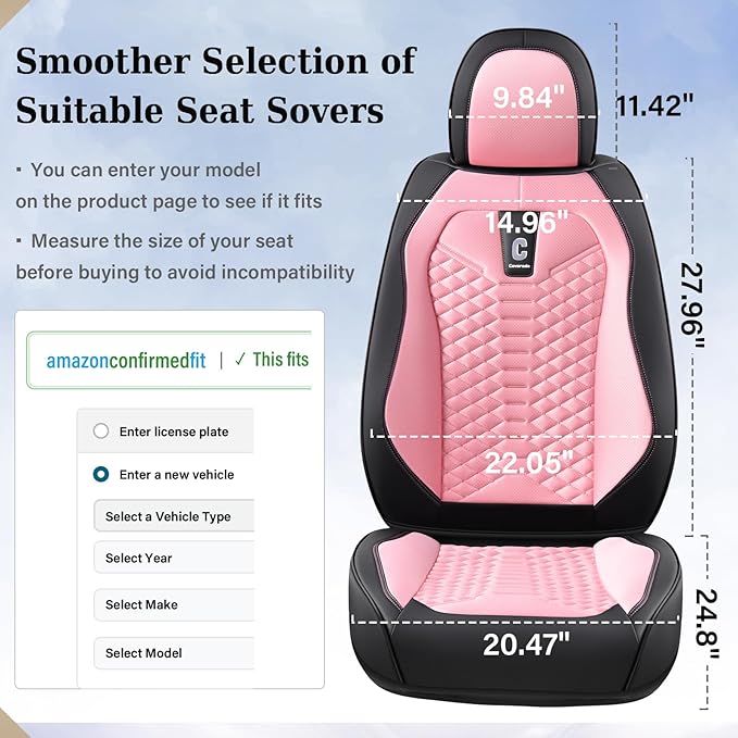 Coverado Front Seat Covers, 2 PCS Pink Seat Cover for Cars, Breathable Fabric& Faux Leather Seat Cover, Driver Seat Cushion, 