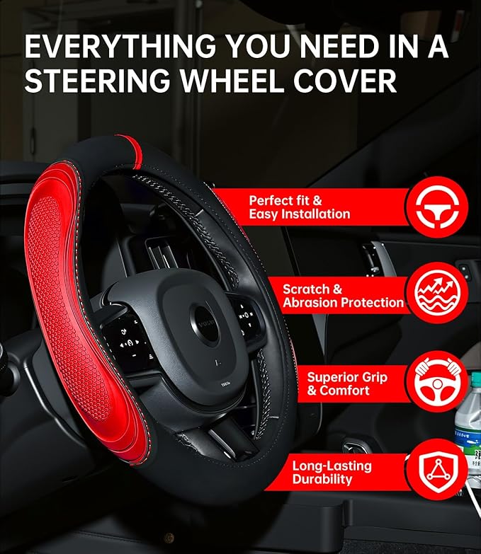 XCBYT Steering Wheel Cover - Red Leather Steering Wheel Wrap Great Grip with 3D Honeycomb Quick and Effortless Installation N