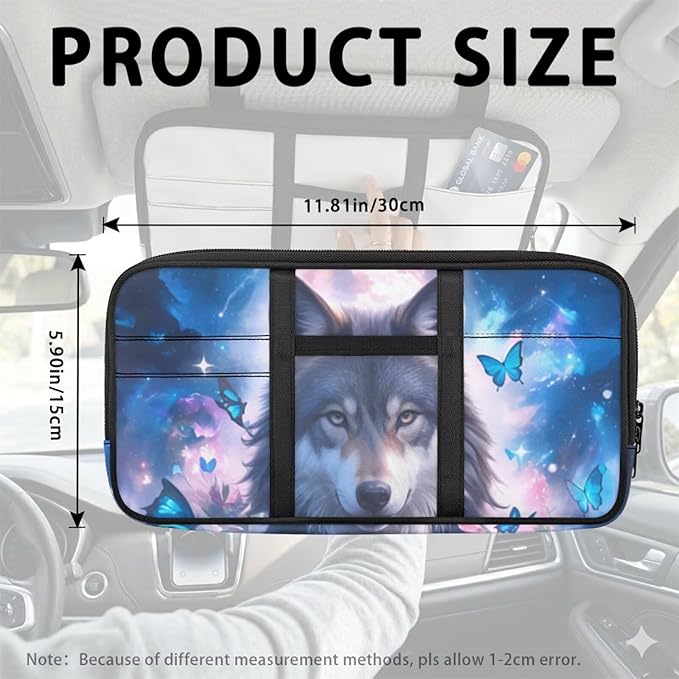 Wolf Print Sun Visor Storage Bag with Zipper Pockets,Multi-Pocket Auto Visor Storage Bag Adjustable Straps Auto Interior Accessories Pocket Organizer