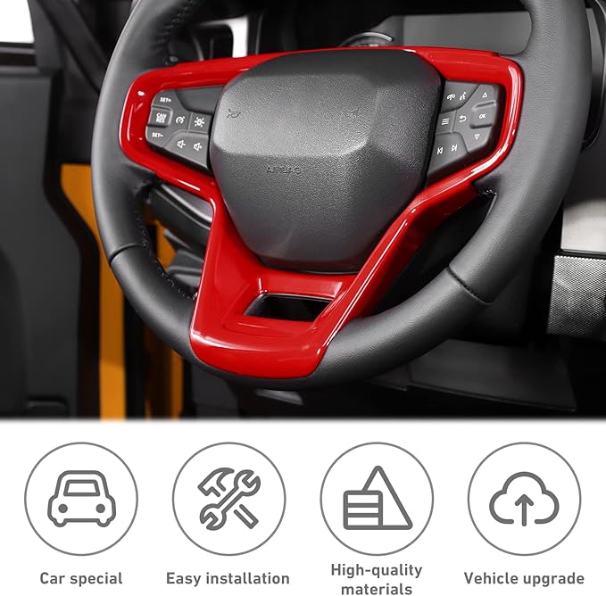 for Ford Bronco 2021 2022 + Interior Steering Wheel Panel Cover Compatible with Ford Bronco 2021 2022+ (ABS,1PC,Red)