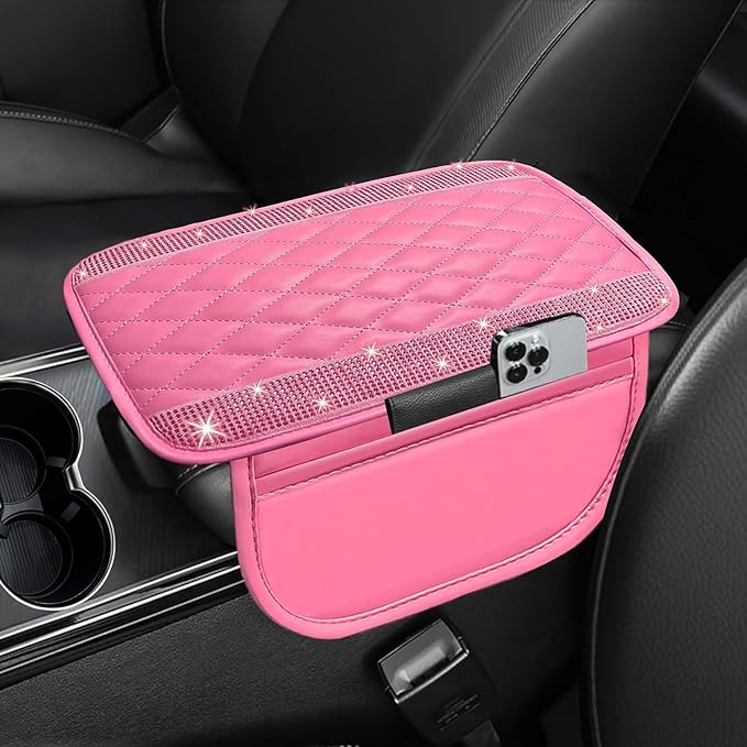 NBTEPEM Bling Pink Car Center Console Cover, Leather Car Arm Rest Cover with 2 Storage Bags, Universal Auto Armrest Protector Storage Box, Pink Bling Accessories Interior for Most Vehicles