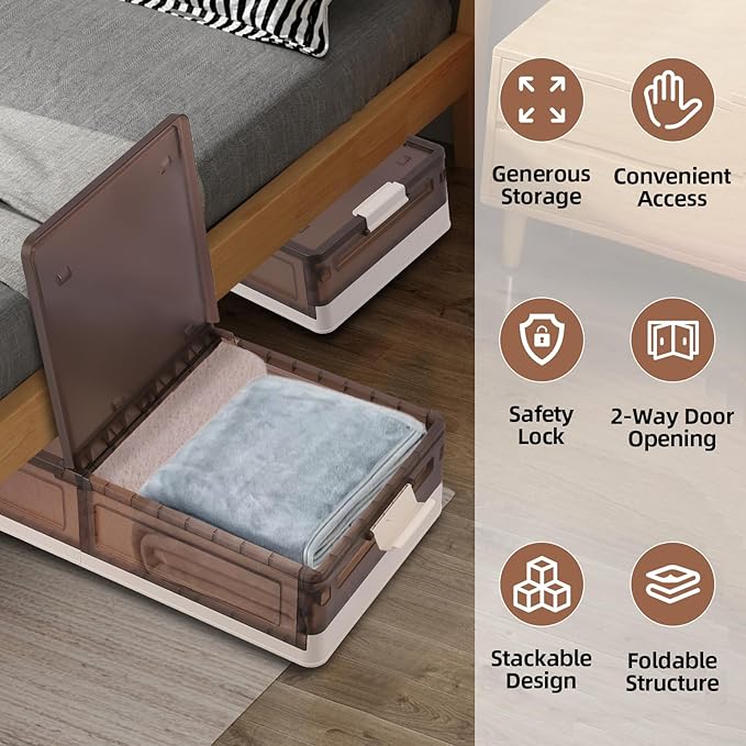 FAHKNS 2 Pack Under Bed Storage with Wheels, 17.2Gal Stackable Under Bed Storage Containers with Lids, Plastic Collapsible Or