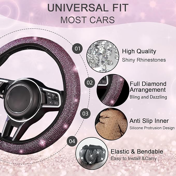 NBTEPEM Bling Car Floor Mats Full Set and Steering Wheel Cover, Universal Fit Most Cars, 4 pcs Sparkle Glitter Diamond Carpet, 5 pcs Bling Car Accessories Set for Women (Pink Diamond)