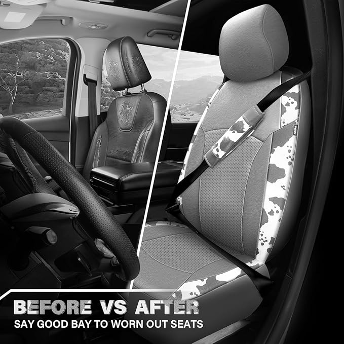 CAR PASS Cow Print Faux Leather Car Seat Covers & Cow Car Mats & Cow Steering Wheel Cover Seat Belt Pads Universal fit for SU