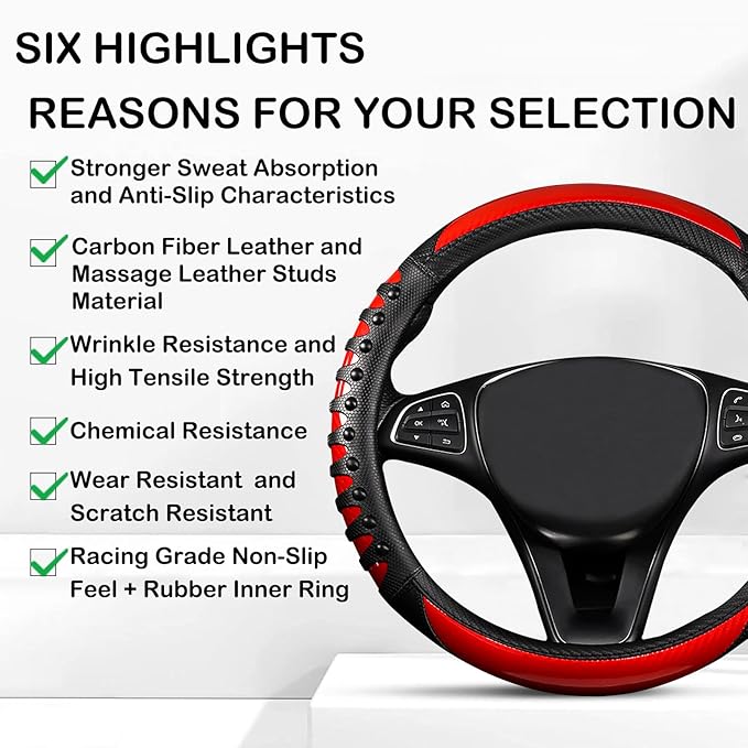 3D Massage Red Carbon Fiber Leather Steering Wheel Cover, 14.5-15 Inch Non-Slip Breathable Microfiber Car Steering Wheel Prot