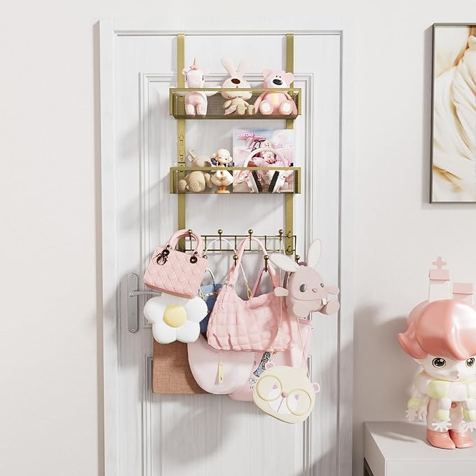 Consumest Over The Door Hooks Organizer - Extra Long Door Hanger with 9 Coat Hooks & 2 Mesh Basket, Back Storage Organizer Ha