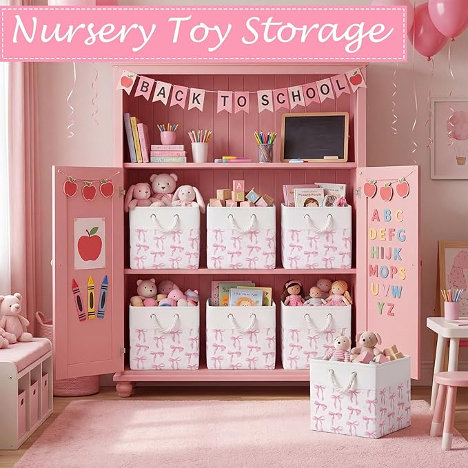 LemonRoad 6 Pcs Pink Bow Cube Storage Bins Square 11.22 Inch Storage Basket with Handle Preppy Girl Organizer Basket Collapsi