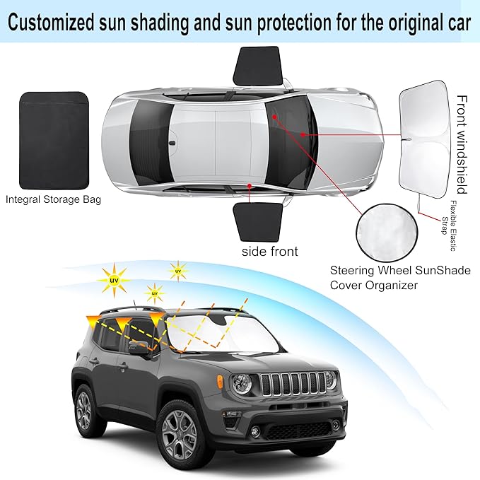 3PCS Car Window Shades Front Windshield Sun Shade Foldable Window Shade Custom Fit for 2016-2019 Jeep Renegade Accessories Car Shades for Front Windows Anti-UV Rays Block Heat