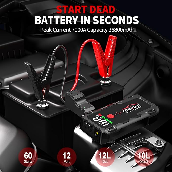FOWAWU 26800 mAh 7000 A Peak Jump Starter for 12 V Vehicles (12 L Petrol / 10 L Diesel) and Moto, Car Battery Jump Starter