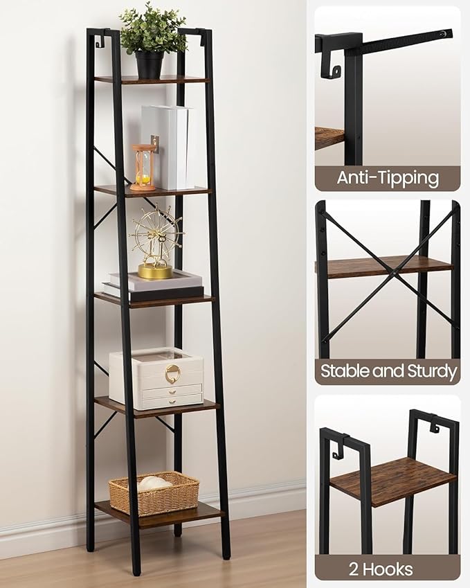 Hzuaneri Ladder Shelf, Bookshelf Bookcase, Freestanding Corner Storage Shelve with 2 Hooks for Home Office, Living Room, Kitc