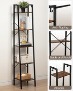 Hzuaneri Ladder Shelf, Bookshelf Bookcase, Freestanding Corner Storage Shelve with 2 Hooks for Home Office, Living Room, Kitc