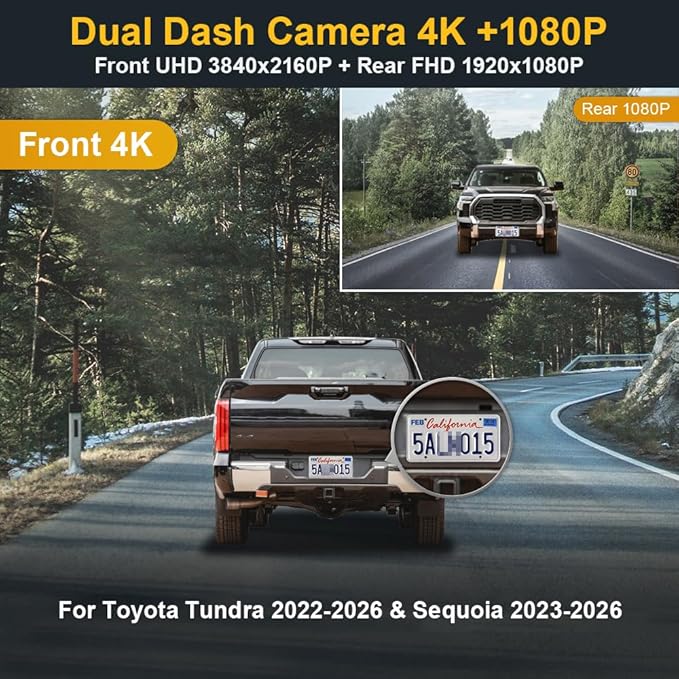 Fitcamx Front 4K+Rear 1080P Dash Cam Adapts for Toyota Tundra 2022-2026 Hybrid & Sequoia 2023-2026 (Gen3), OEM Look, 2 Way HD