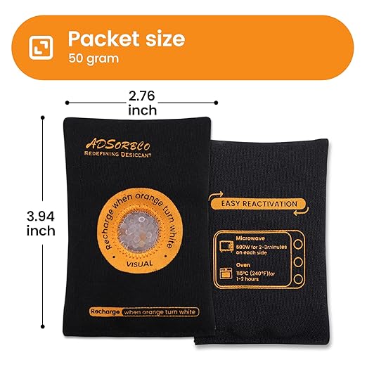 ADSorbco Rechargeable Desiccant Packs for Storage, Rechargeable Silica Gel Packets, Color Indicating Desiccant Packs for