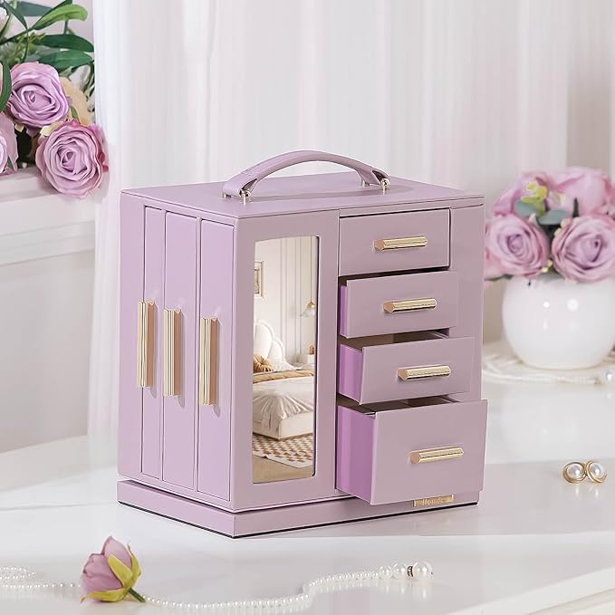 Homde Jewelry Box 360° Rotating, Necklace Earring Organizer with Transparent Window, Mirror, 7 Drawers, Large Ring Display St