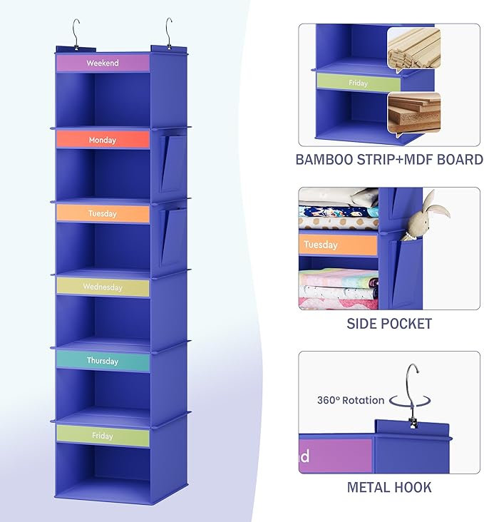 YOUDENOVA 6-Shelf Weekly Hanging Closet Organizer, Weekly Clothes Organizers for Kids with 2 Side Pockets, Blue