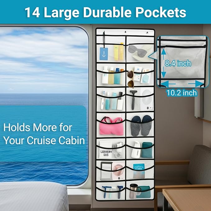 Magnetic Cruise Organizer, 14 Large Durable Pockets Over The Door Organizer For Cruise Ships, Magnetic & Hanging Cruise Organ