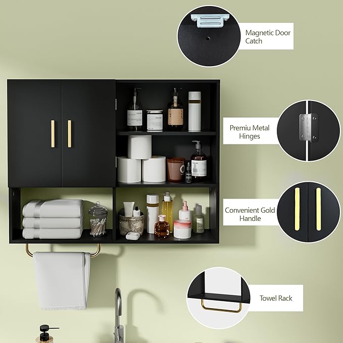 Bathroom Wall Cabinet Wood Large Wall Mounted Medicine Cabinet with 2 Doors and 4 Open Shelves Over Toilet Storage Cabinet Or