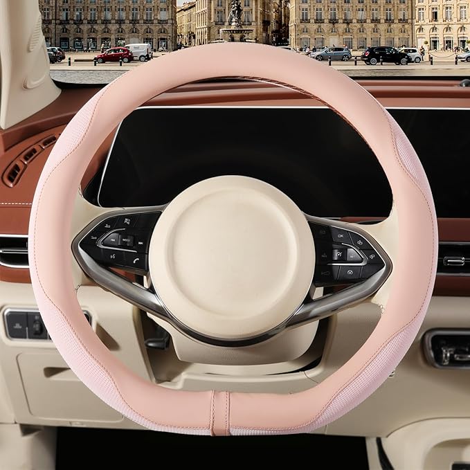 Nappa Leather Pink D Shape Steering Wheel Cover, Advanced Microfiber Leather Non-Slip Breathable Fabric, Warm in Winter and C