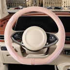Nappa Leather Pink D Shape Steering Wheel Cover, Advanced Microfiber Leather Non-Slip Breathable Fabric, Warm in Winter and C