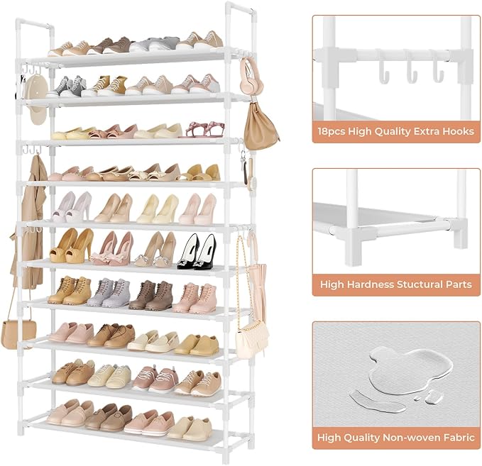 LANTEFUL Tall Shoe Rack 10 Tier Shoe Organizer Large Shoe Shelf with 18 Hooks Storage for 50 Pair Sneaker and Boot, Stackable