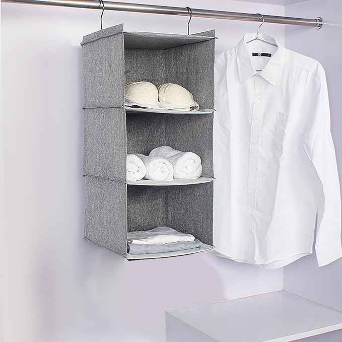 Hanging Closet Organizer, Easy Mount Collapsible 3-Shelf Camper Closet Wardrobe Hanging Storage Shelves, Folded Clothes Towel