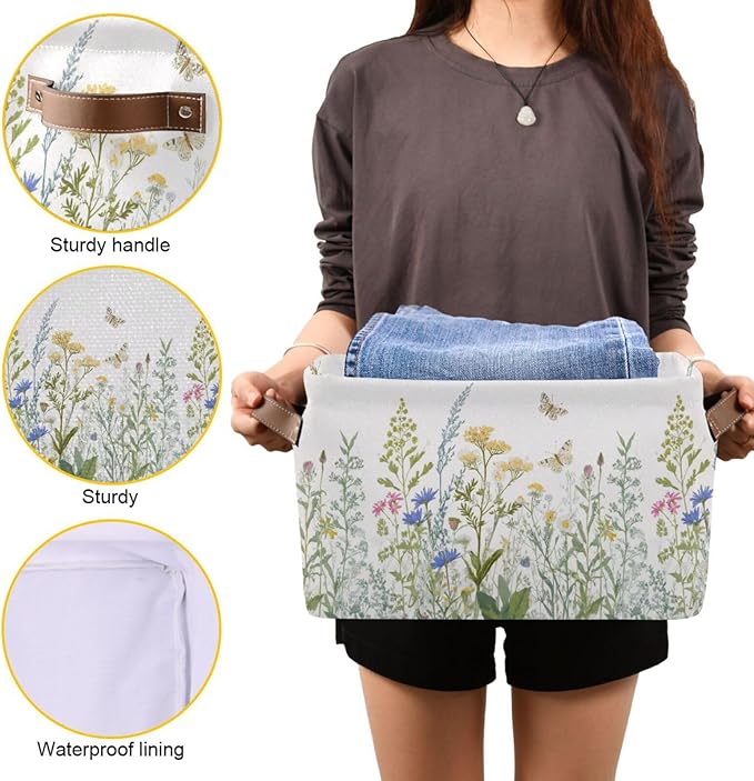 xigua Vintage Colorful Herbs Wild Flowers Floral Storage Basket Collapsible Toy Storage Bins Waterproof Canvas Storage Basket