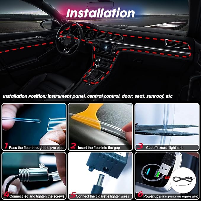 Interior Car Lights, SAMGCHI USB Car LED Strip Lights, Car Ambient Lighting Kit with 236 inches Fiber Optic, RGB EL Wire Lights APP and RF Remote Control Music Sync and DIY Mode DC 12V