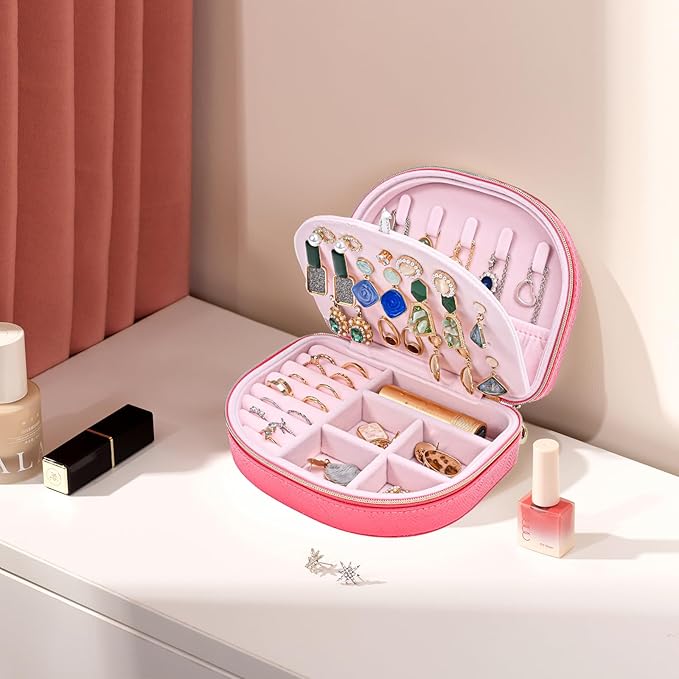 ProCase Travel Size Jewelry Box, Medium Portable Seashell-Shaped Jewelry Case, 2 Layer Jewelry Organizer in PU Leather for Wo
