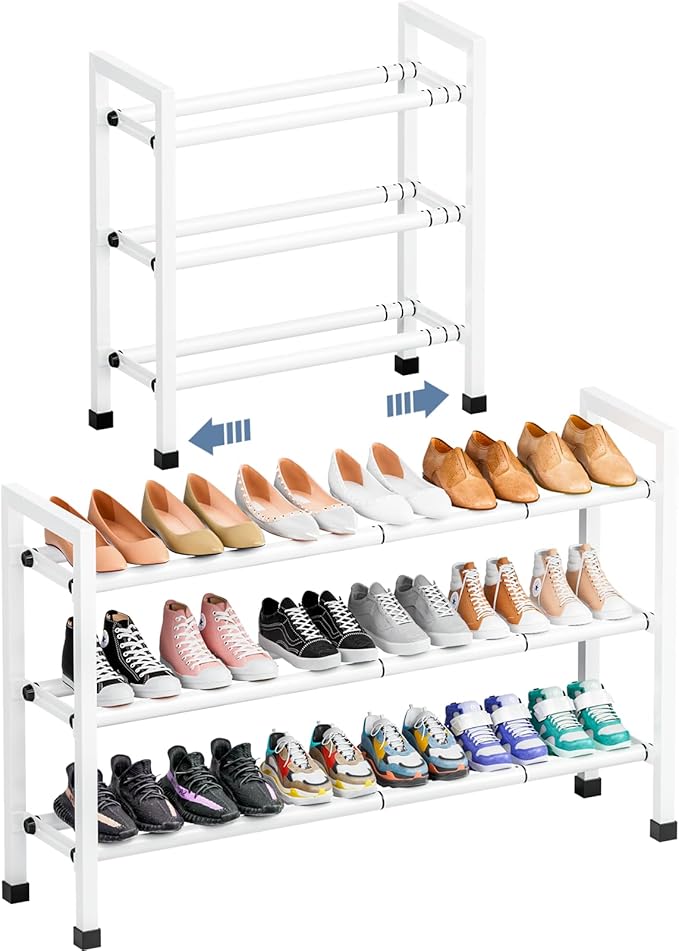 Mavivegue 3-Tier 19"-43.3" Adjustable Shoe Rack for Closet,Expandable Shoe Rack, Hall Entryway,Front Door,Garage, Sturdy Stee