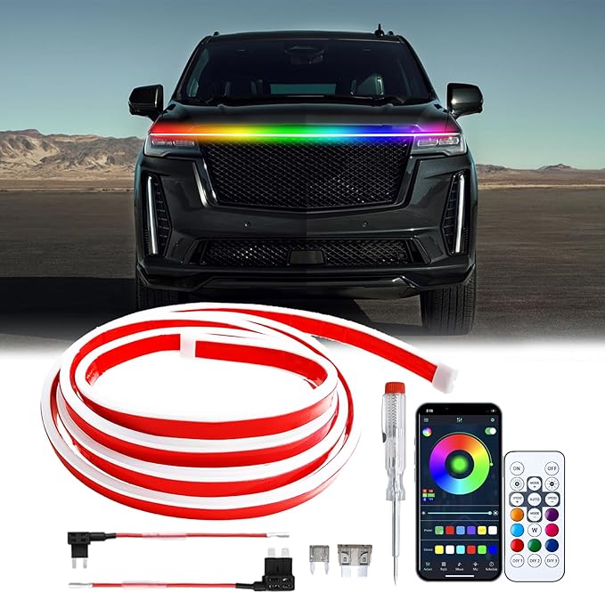 Car Led Lights Exterior RGB Hood Light Strip IP68 Waterproof Multicolor Dynamic Scan Start Up Hoodbeam Kit Compatible with Chevy Silverado 1500 2500,Truck,SUV,APP Control,12V(RGB, 59inch)