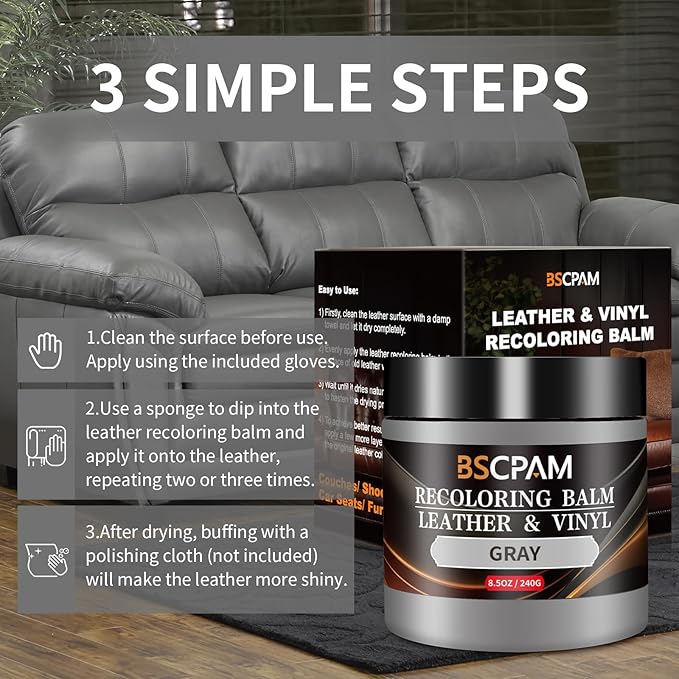 Gray Leather Recoloring Balm,Leather Couch Scratch/Stain Remover,Leather Repair kit for Vinyl Furniture and Car Interior,Leat