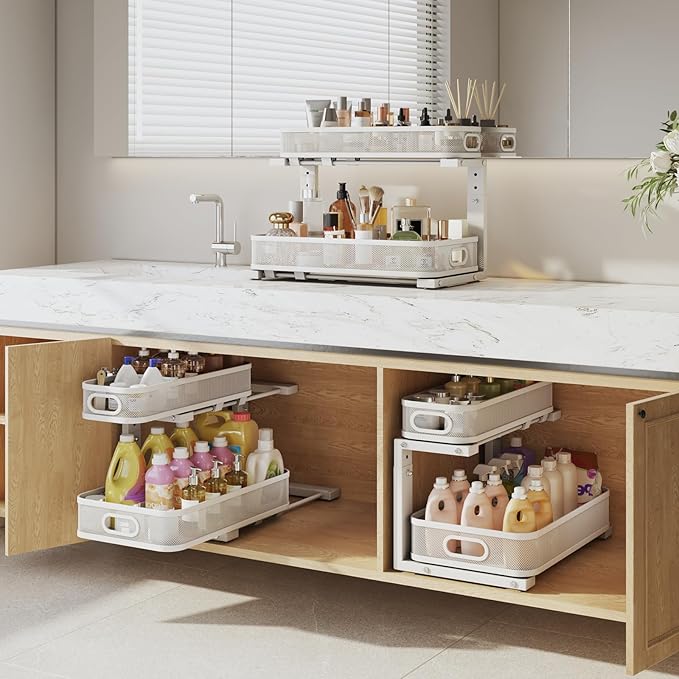 2 Pack 19.3IN-Depth Under Sink Organizer with Smooth Cylindrical Rail,2-Tier Pull Out Multi-Purpose Cabinet Storage for Bathr