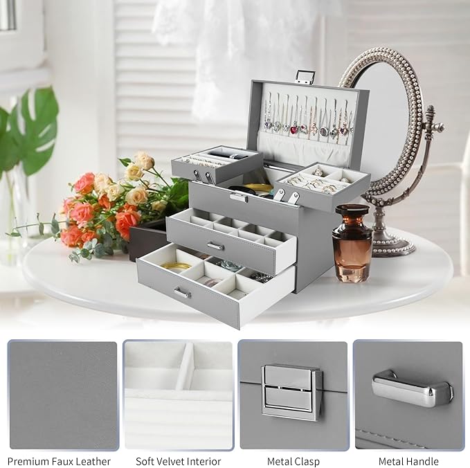 Dajasan Jewelry Organizer Box, Large Jewelry Boxes for Women Girls, Space-Saving 4 Layers Jewelry Storage Case with Drawer, M