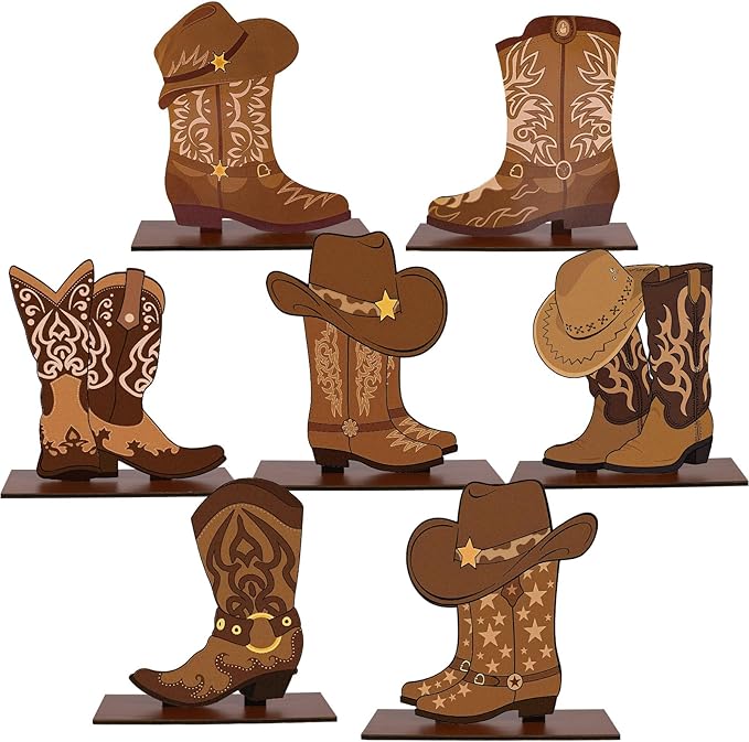 FYSUIMU 7 Pcs Western Cowboy Boots Wooden Centerpieces Western Brown Boot Shape Retro Wood Tabletop Signs for Tables for Rode