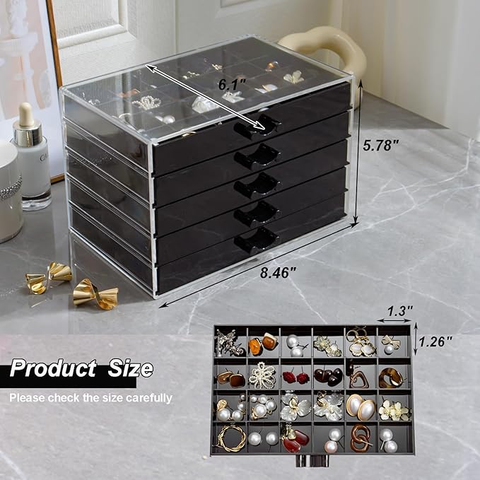 YUFONG Earring Storage Box Organizer, Acrylic Jewelry Storage Box Holder 5 Drawers Transparent Jewelry Display Stand with 120