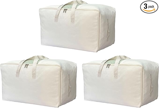 Soft Canvas Clothes Storage Bags with Four Carrying Handles and Clear Window, Closet Organizer for Clothing, Blankets Sheets 